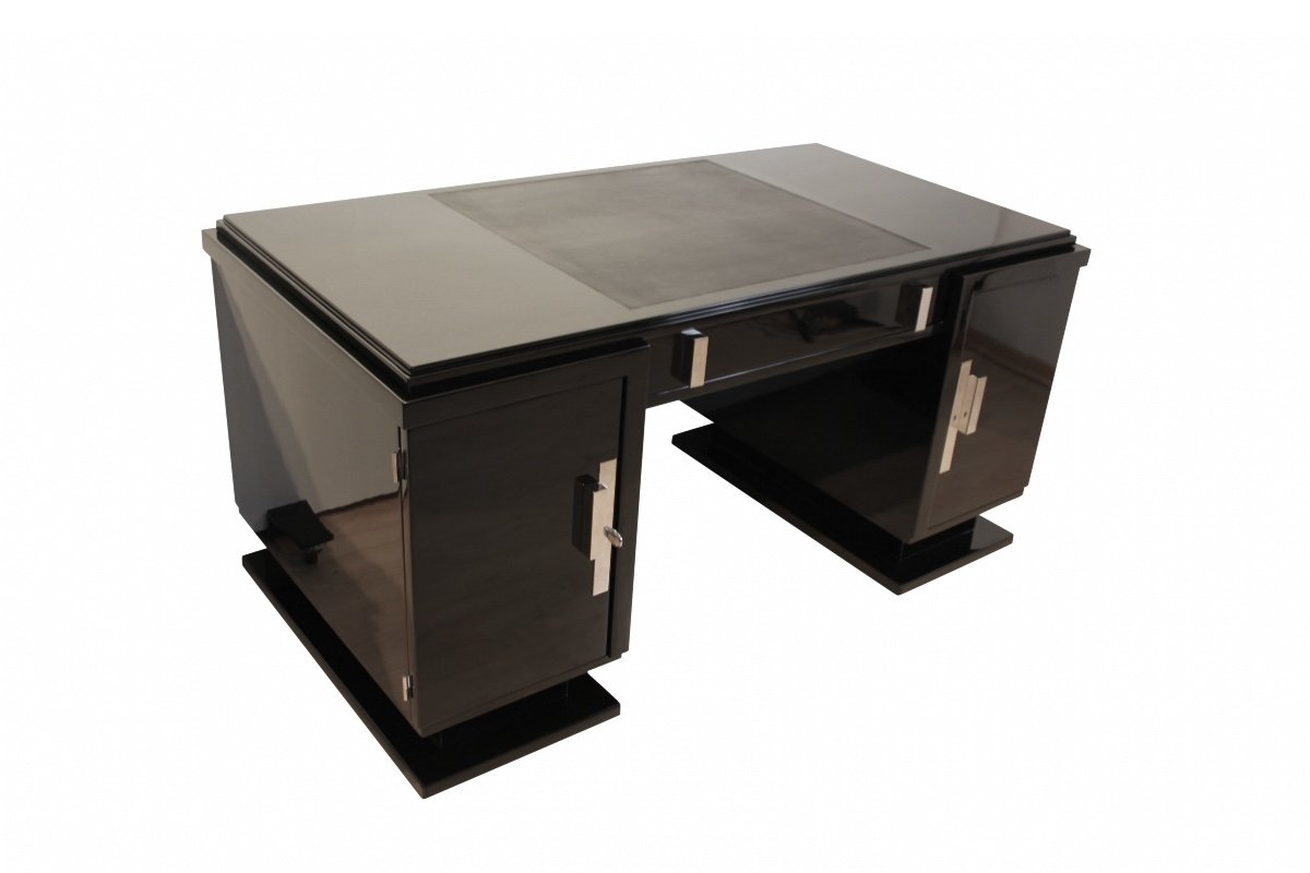 Small Art Deco Desk, Black Lacquer, Nickel, France Circa 1930-photo-3