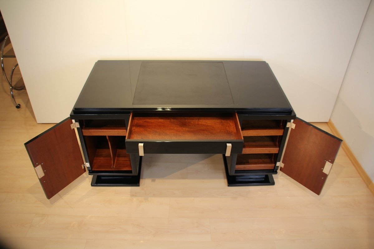 Small Art Deco Desk, Black Lacquer, Nickel, France Circa 1930-photo-4
