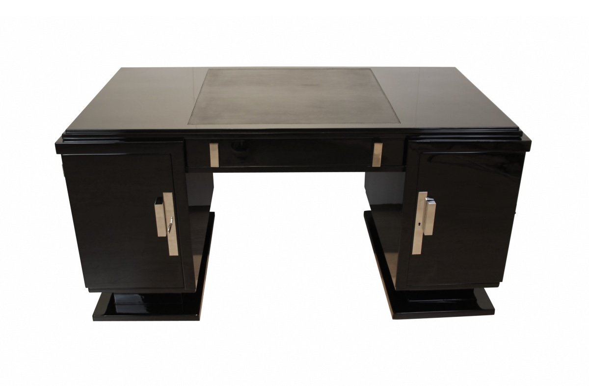 Small Art Deco Desk, Black Lacquer, Nickel, France Circa 1930