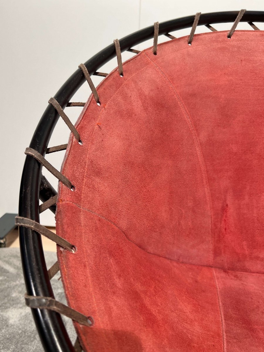 Chaise Longue 'balloon' De Hans Olsen, Daim Rouge, Métal, Danemark Vers 1960-photo-3