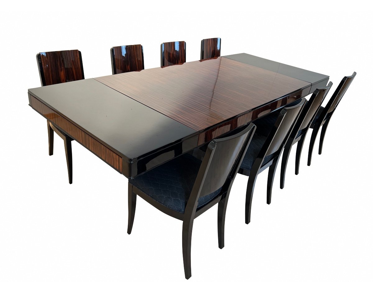 Art Deco Extendable Dining Set With 8 Chairs, Makassar, France Circa 1930