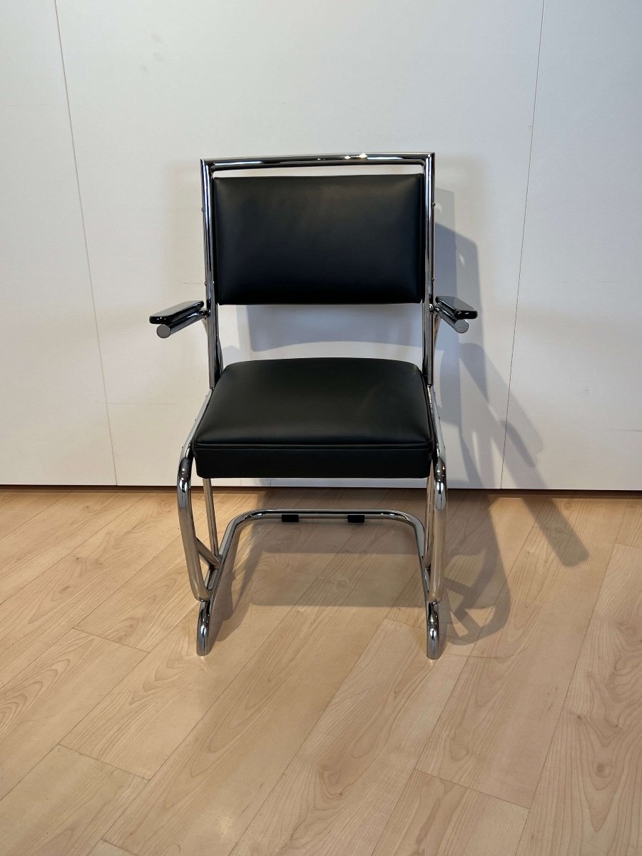 Fauteuil Luge Bauhaus, Acier Tubulaire Chromé, Cuir, Allemagne Circa 1930-photo-1