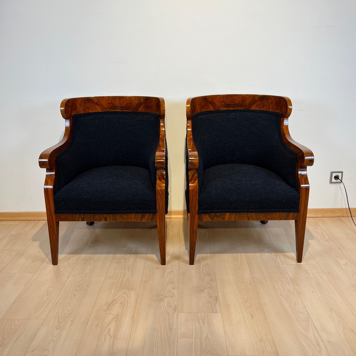 Pair Of Biedermeier Bergere Chairs, Walnut, Black Teddy, Austria Circa 1850-photo-2