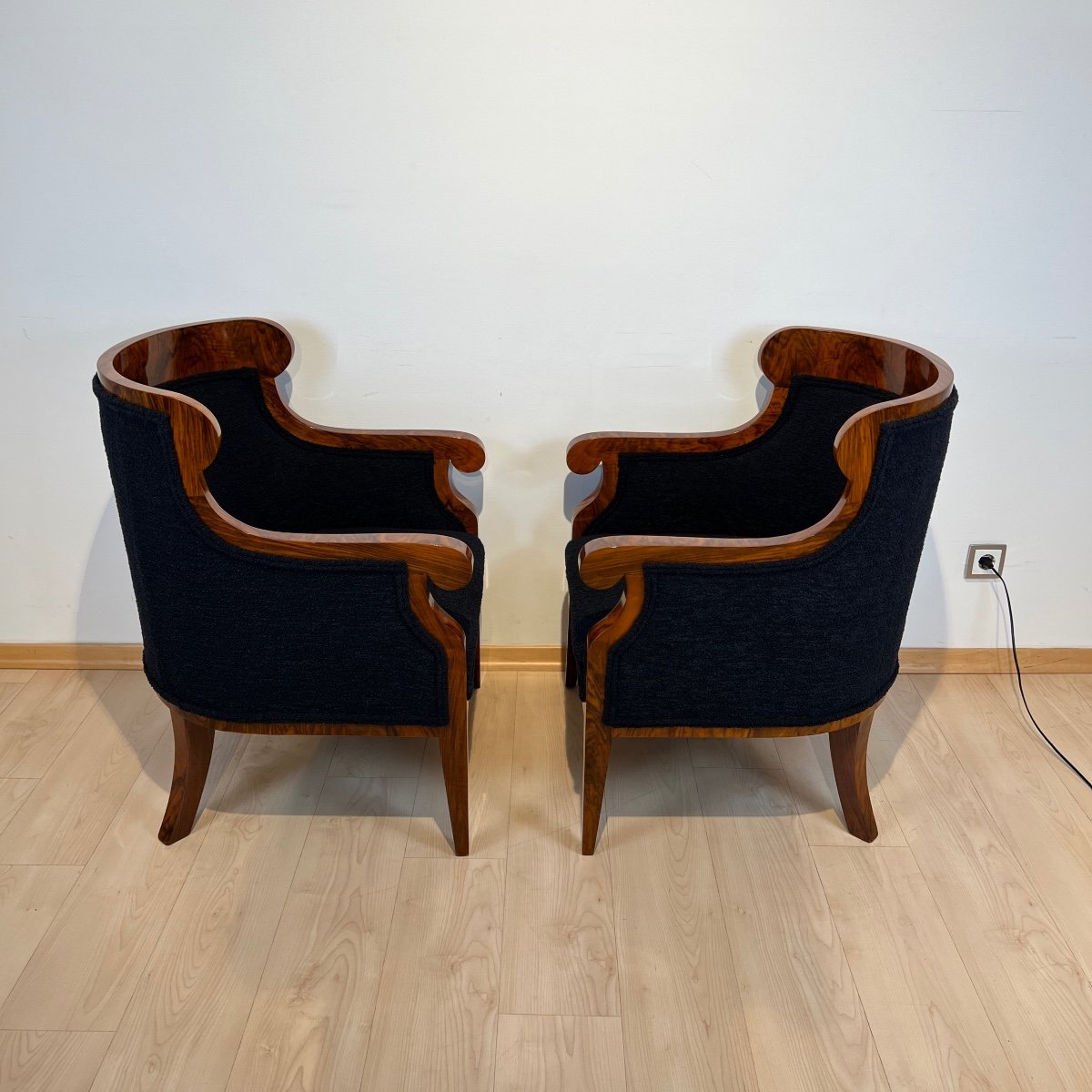 Pair Of Biedermeier Bergere Chairs, Walnut, Black Teddy, Austria Circa 1850-photo-3
