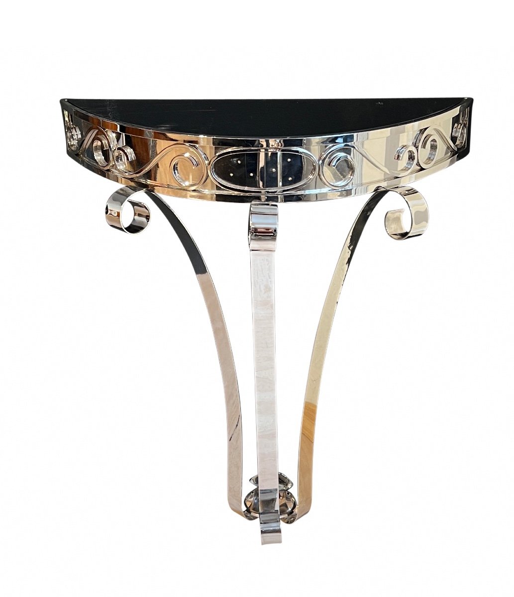 Demi-lune Art Deco Console, Nickel-plated Metal, France Circa 1930