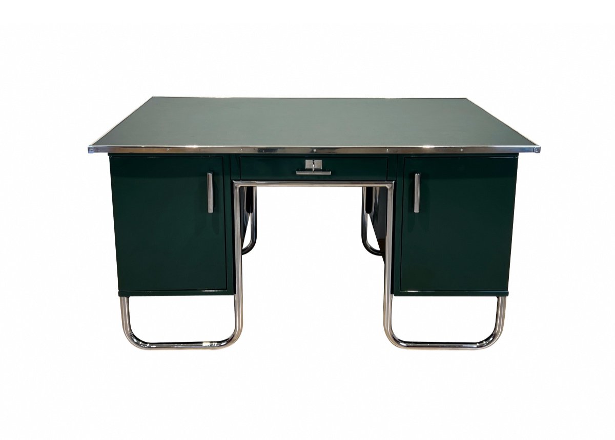 Large Bauhaus Partners Desk, Green Lacquer, Metal, Steeltube, Germany Circa 1930-photo-2