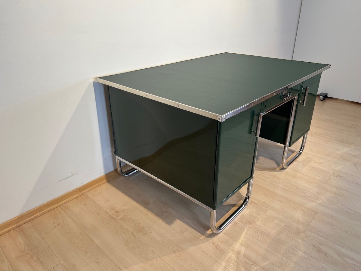 Large Bauhaus Partners Desk, Green Lacquer, Metal, Steeltube, Germany Circa 1930-photo-3