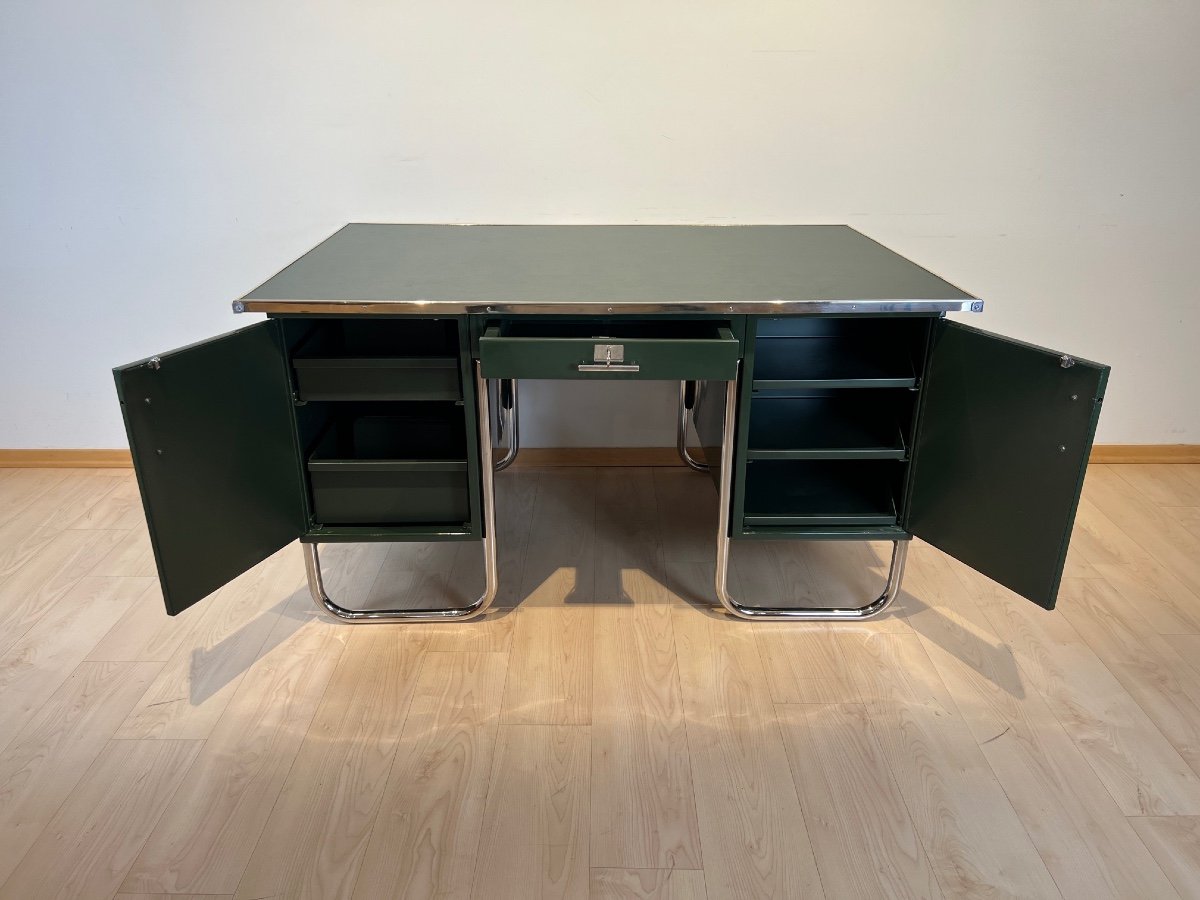 Large Bauhaus Partners Desk, Green Lacquer, Metal, Steeltube, Germany Circa 1930-photo-4