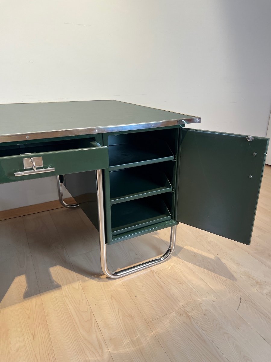 Large Bauhaus Partners Desk, Green Lacquer, Metal, Steeltube, Germany Circa 1930-photo-2