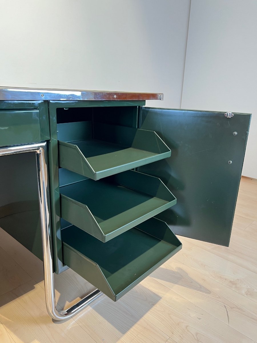 Large Bauhaus Partners Desk, Green Lacquer, Metal, Steeltube, Germany Circa 1930-photo-4