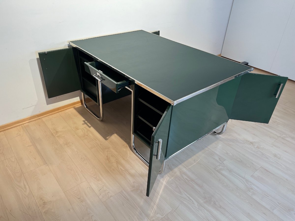 Large Bauhaus Partners Desk, Green Lacquer, Metal, Steeltube, Germany Circa 1930-photo-8