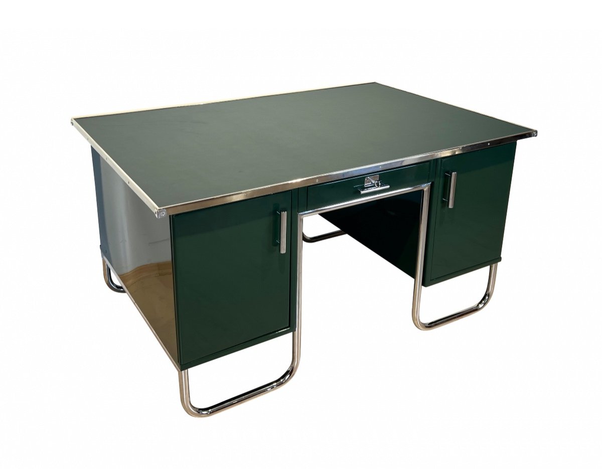 Large Bauhaus Partners Desk, Green Lacquer, Metal, Steeltube, Germany Circa 1930