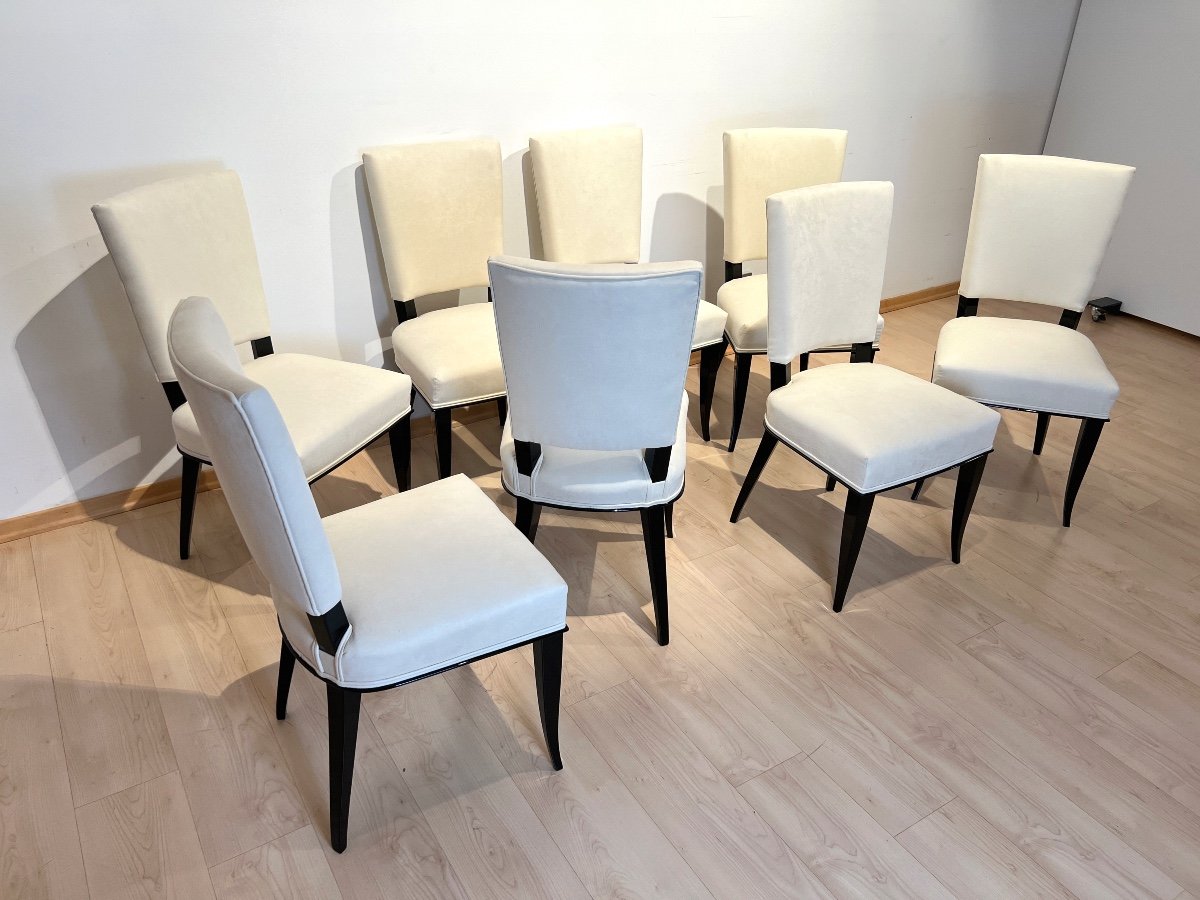Set Of 8 Art Deco Chairs, Black Lacquer, Creme Velour, France Circa 1930-photo-4