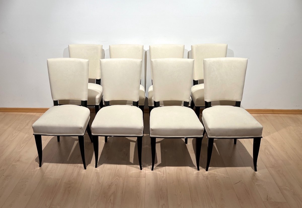 Set Of 8 Art Deco Chairs, Black Lacquer, Creme Velour, France Circa 1930-photo-1
