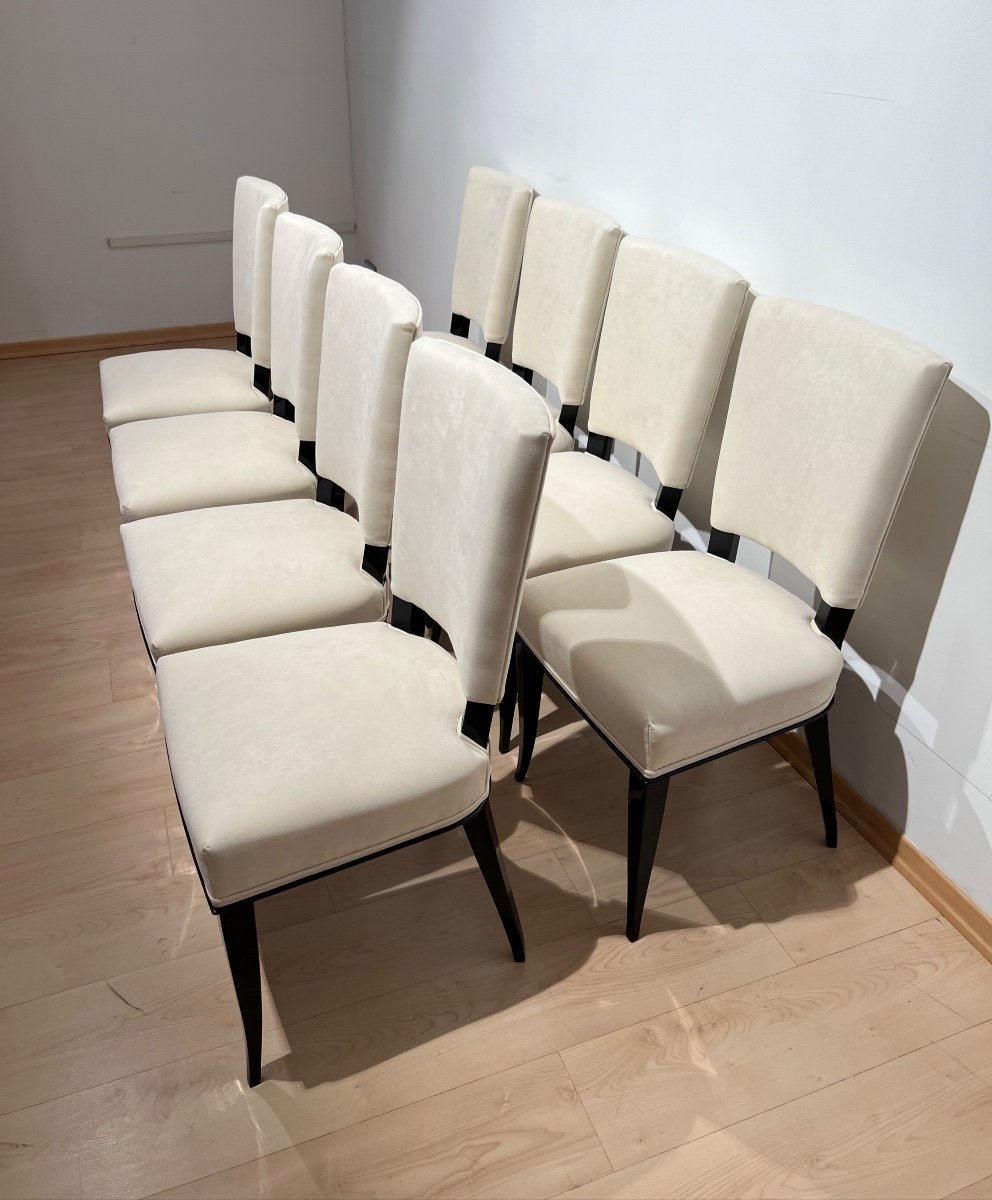 Set Of 8 Art Deco Chairs, Black Lacquer, Creme Velour, France Circa 1930-photo-2