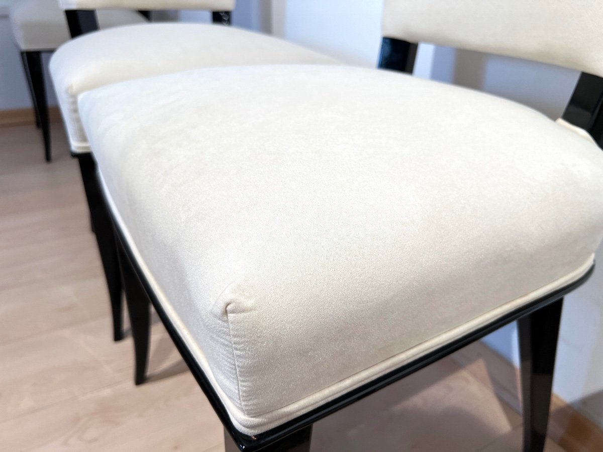 Set Of 8 Art Deco Chairs, Black Lacquer, Creme Velour, France Circa 1930-photo-6
