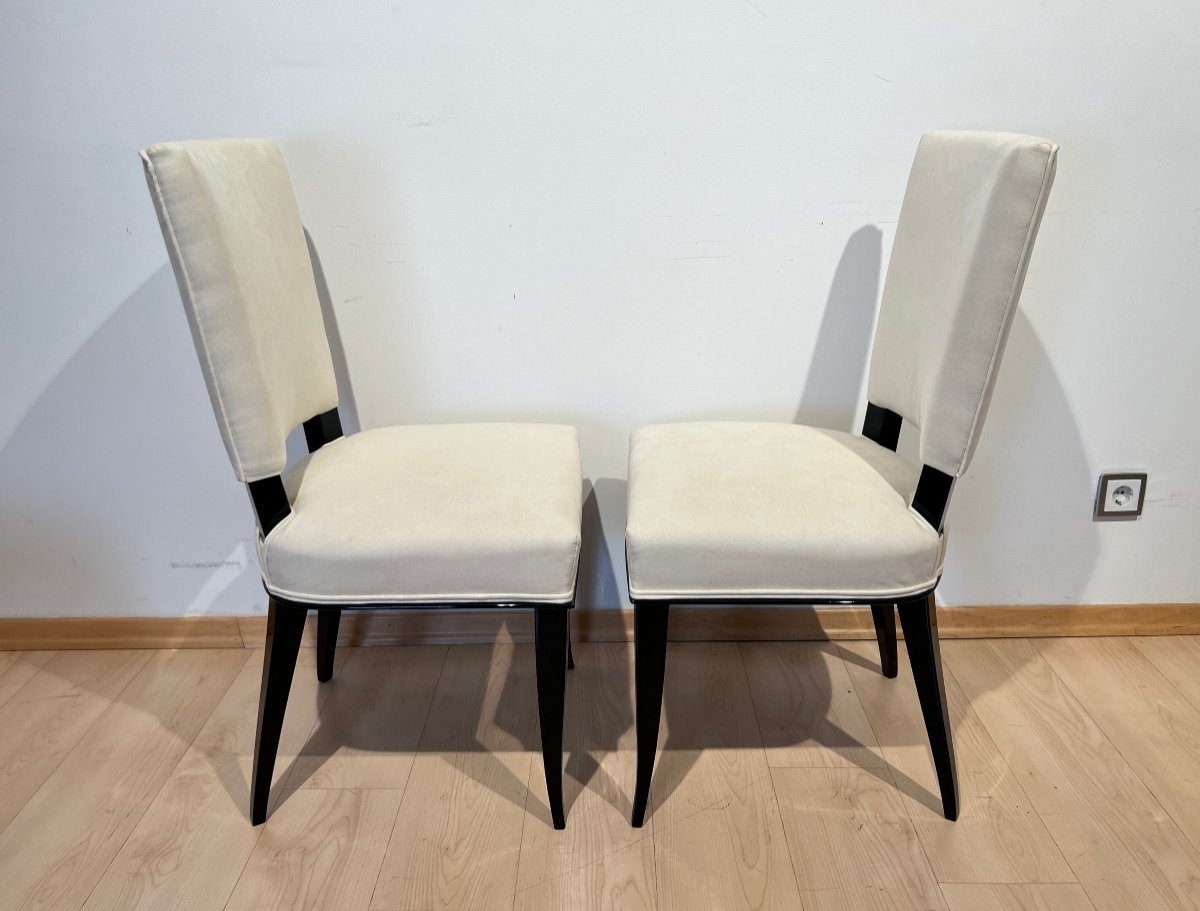Set Of 8 Art Deco Chairs, Black Lacquer, Creme Velour, France Circa 1930-photo-8