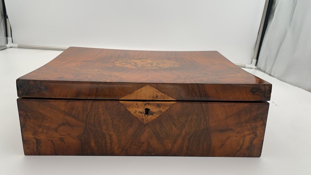 Biedermeier Box, Walnut Veneer, Ink Painting, Austria Circa 1820-photo-6