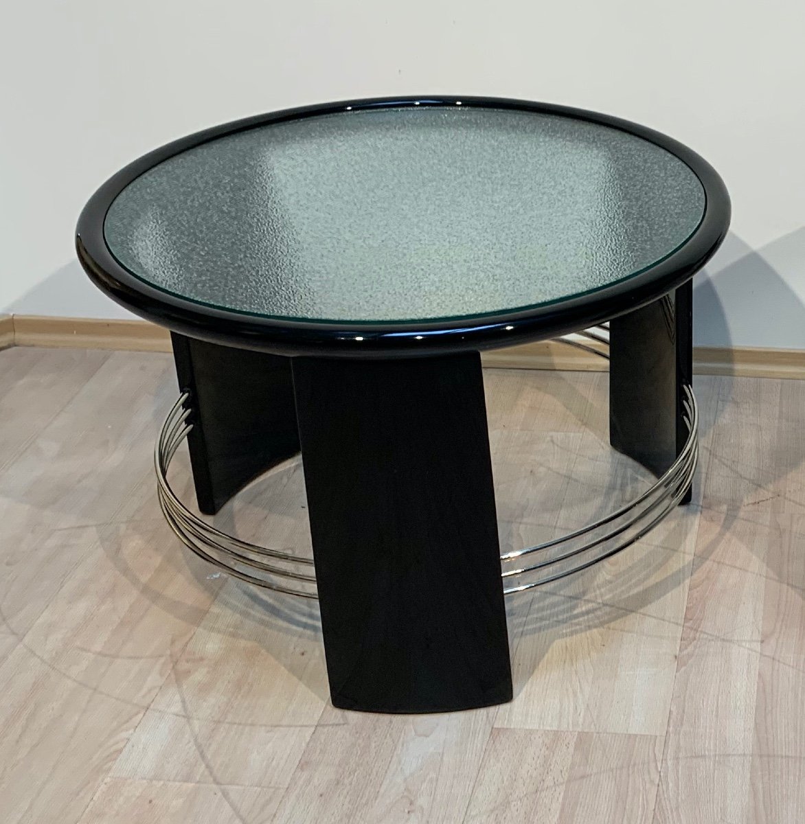 Art Deco Coffee Table, Black Lacquer, Chrome, Glass, France Circa 1930-photo-2