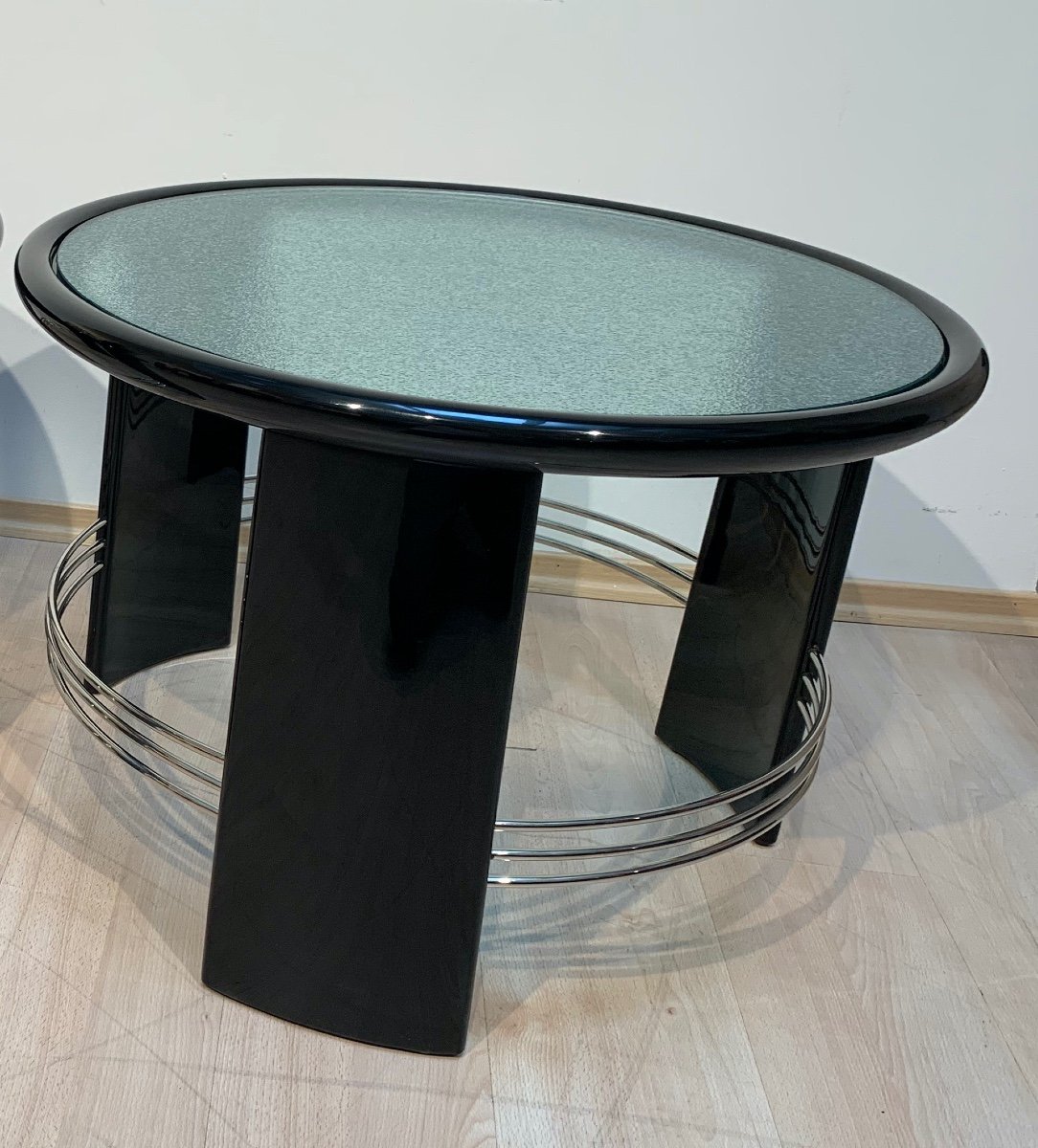 Art Deco Coffee Table, Black Lacquer, Chrome, Glass, France Circa 1930-photo-5