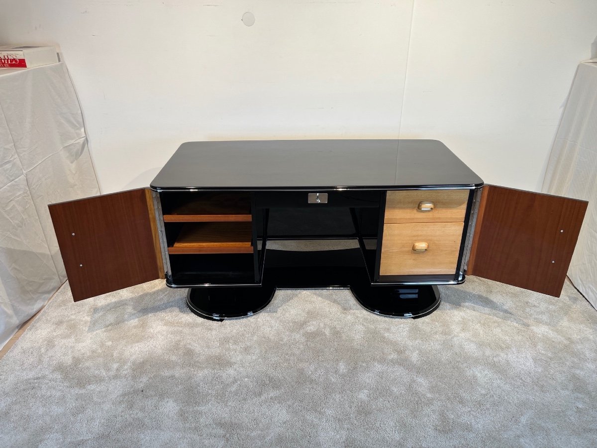 Art Deco Desk, Black Lacquer And Chrome, France, 1950s-photo-3