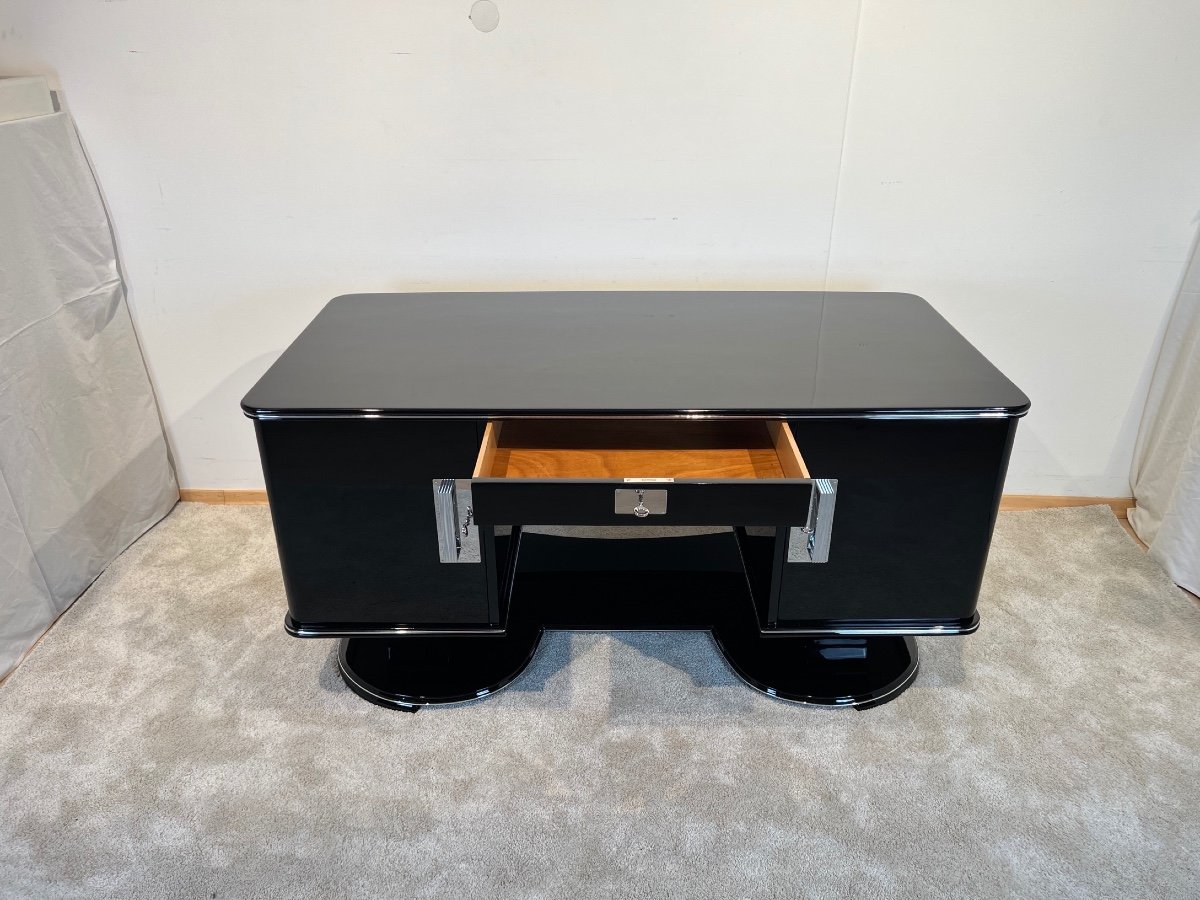 Art Deco Desk, Black Lacquer And Chrome, France, 1950s-photo-5