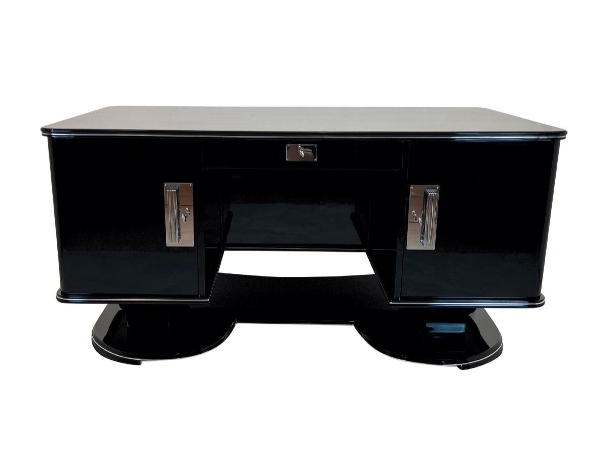 Bureau Art Déco, Laque Noire Et Chrome, France, Années 1950