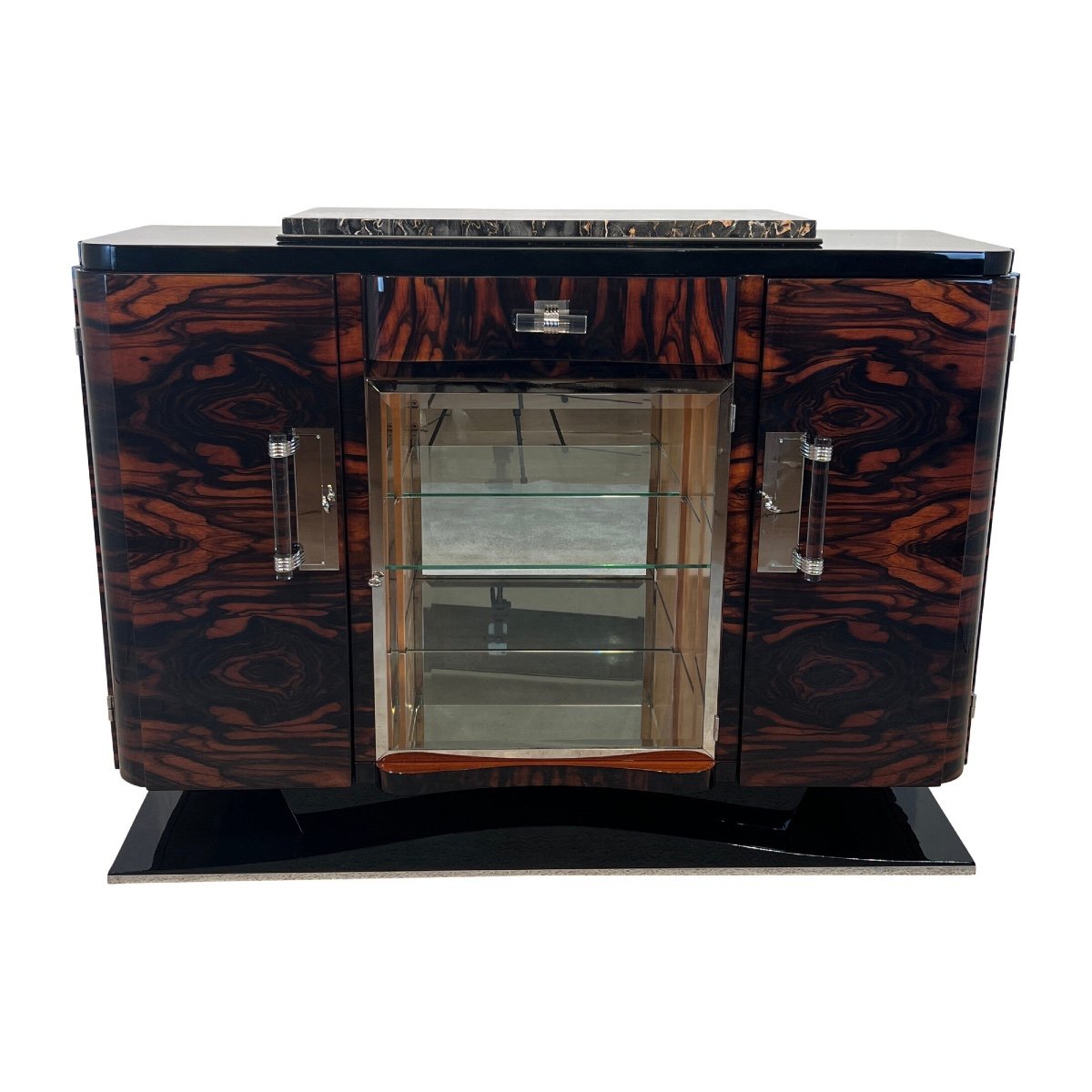 Art Deco Buffet In Lacquered Macassar, Maple, Marble, Chrome, France Circa 1930-photo-2