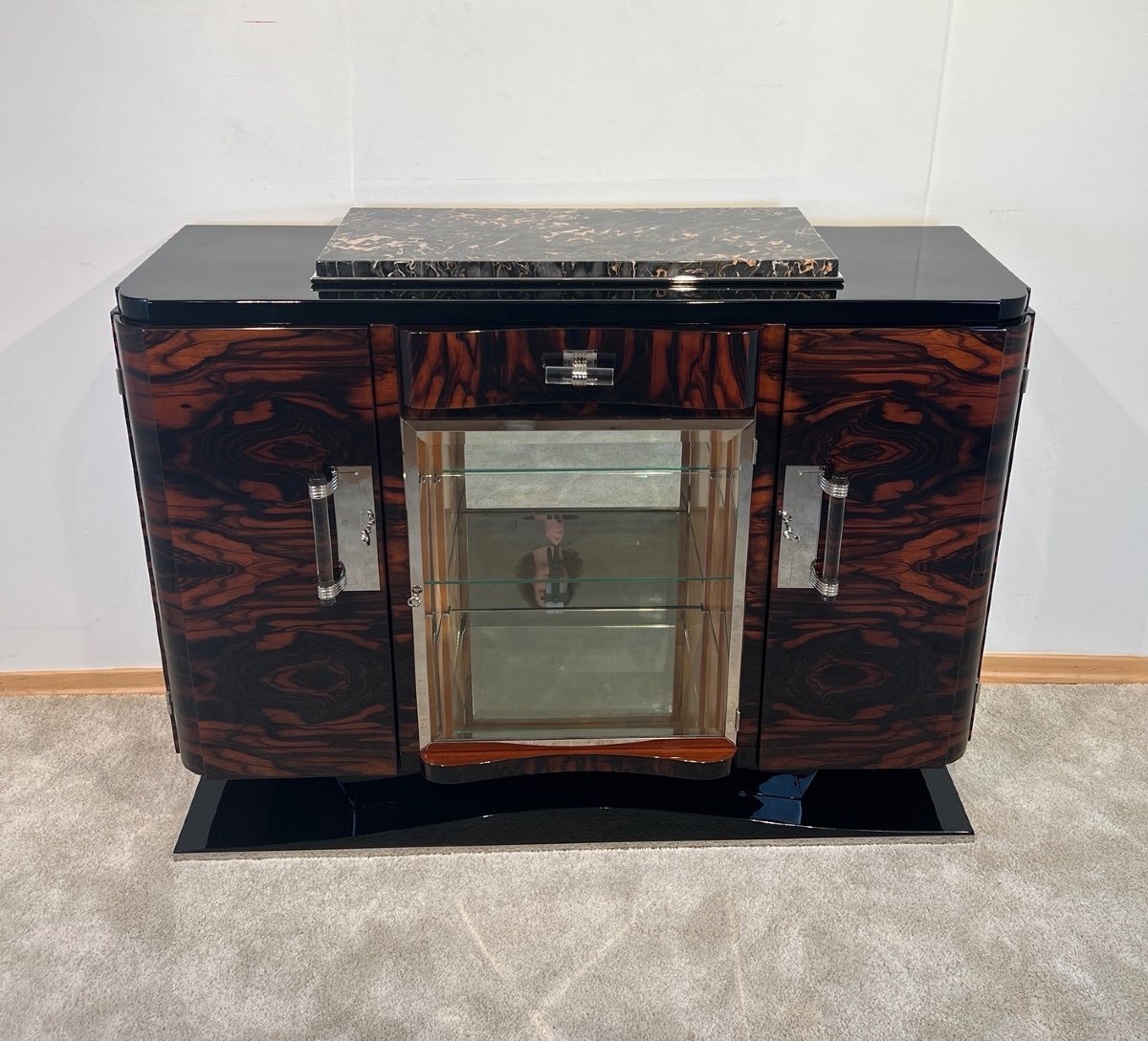 Art Deco Buffet In Lacquered Macassar, Maple, Marble, Chrome, France Circa 1930-photo-3