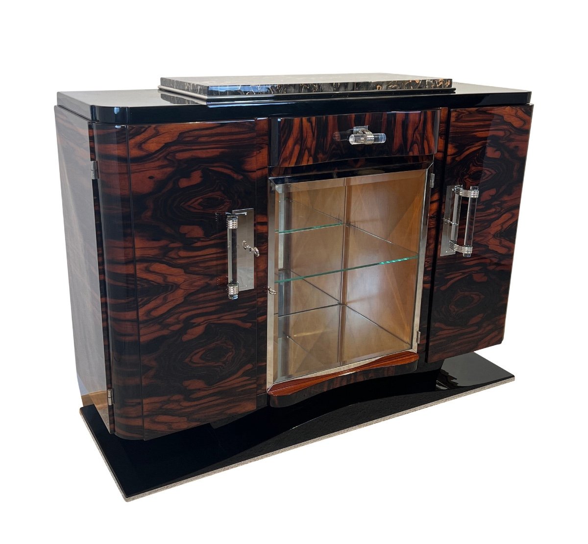 Art Deco Buffet In Lacquered Macassar, Maple, Marble, Chrome, France Circa 1930