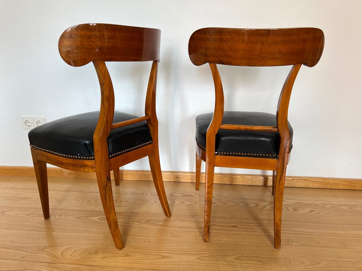 Paire De Chaises-pelles Biedermeier, Noyer, Cuir Noir, Autriche Vers 1820-photo-4