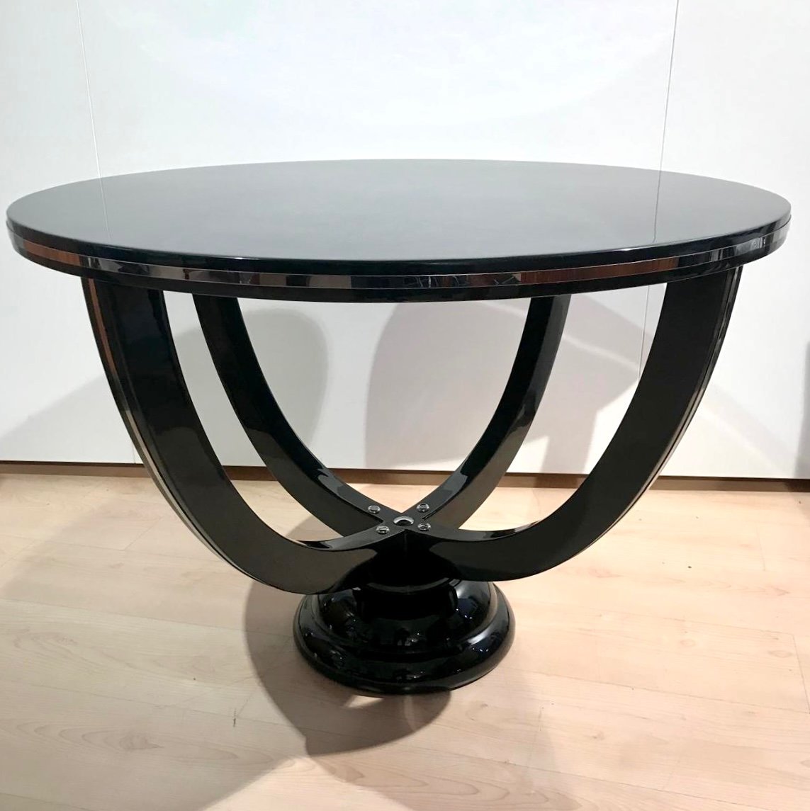 Art Deco Round Coffee Table, Black Lacquer And Metal, France Circa 1930-photo-2