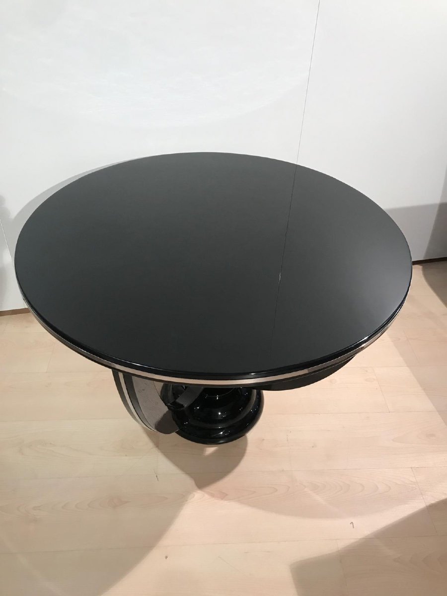 Art Deco Round Coffee Table, Black Lacquer And Metal, France Circa 1930-photo-1