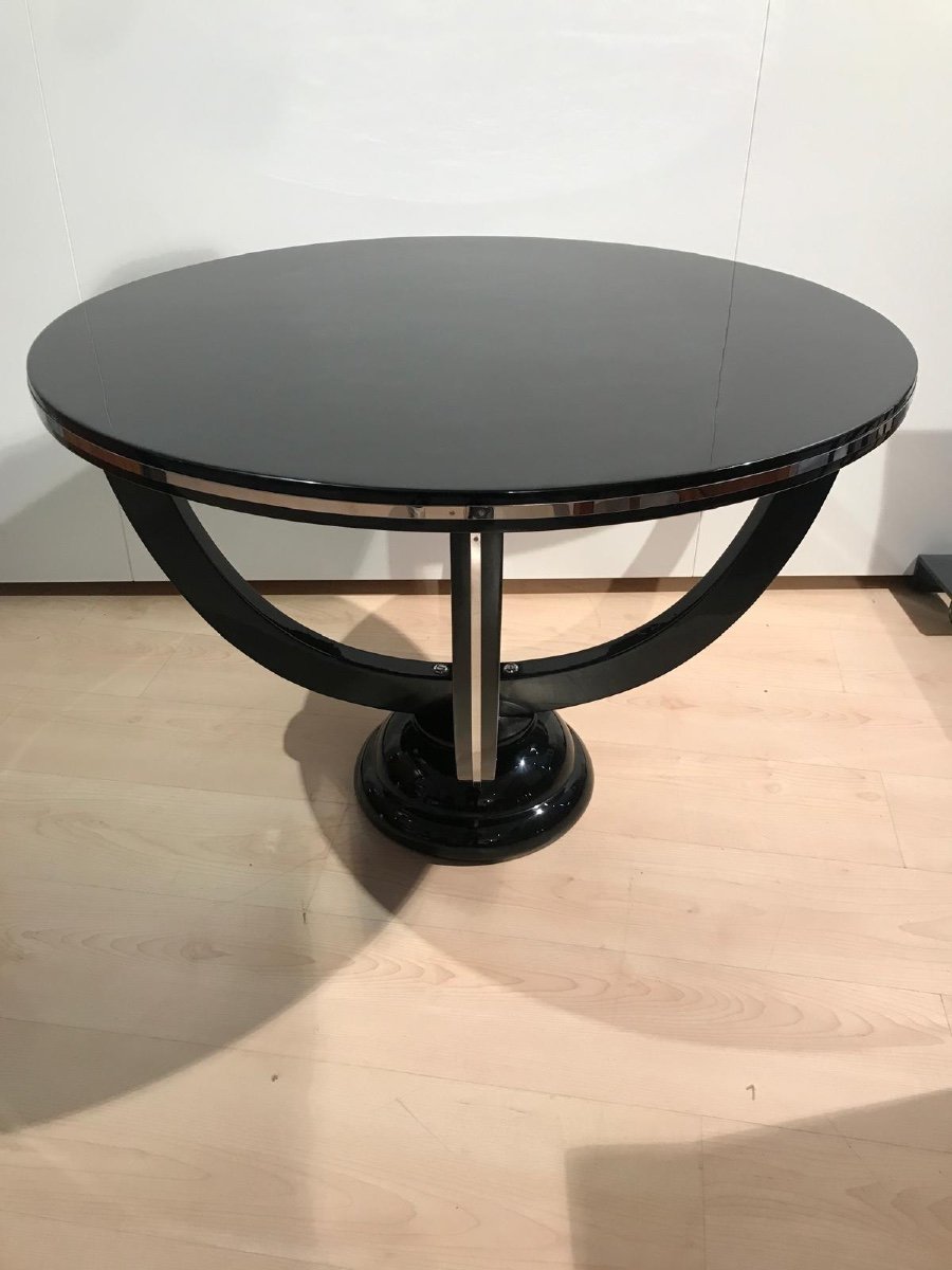 Art Deco Round Coffee Table, Black Lacquer And Metal, France Circa 1930-photo-2