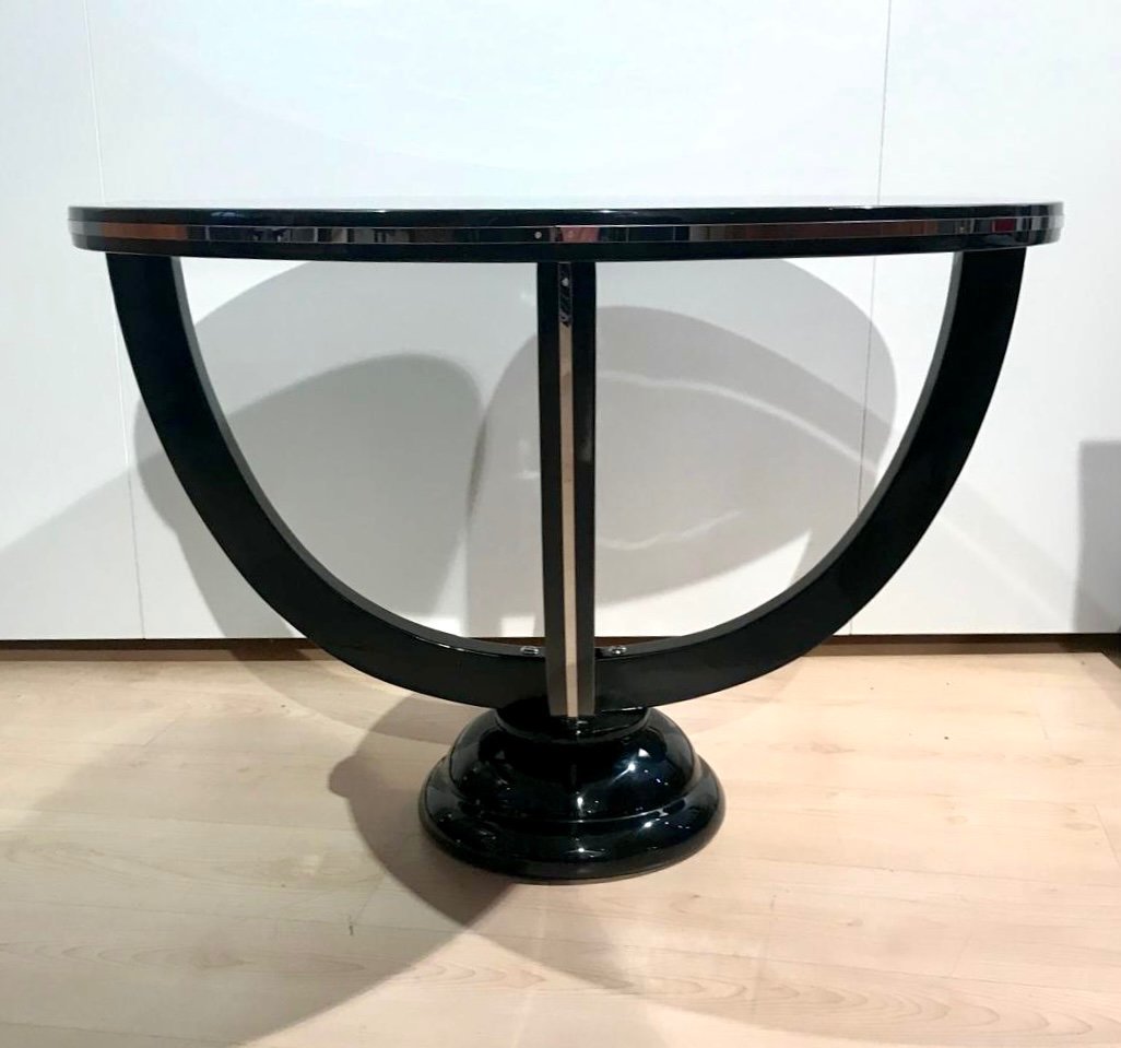 Art Deco Round Coffee Table, Black Lacquer And Metal, France Circa 1930-photo-4