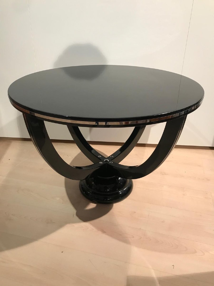 Art Deco Round Coffee Table, Black Lacquer And Metal, France Circa 1930-photo-6