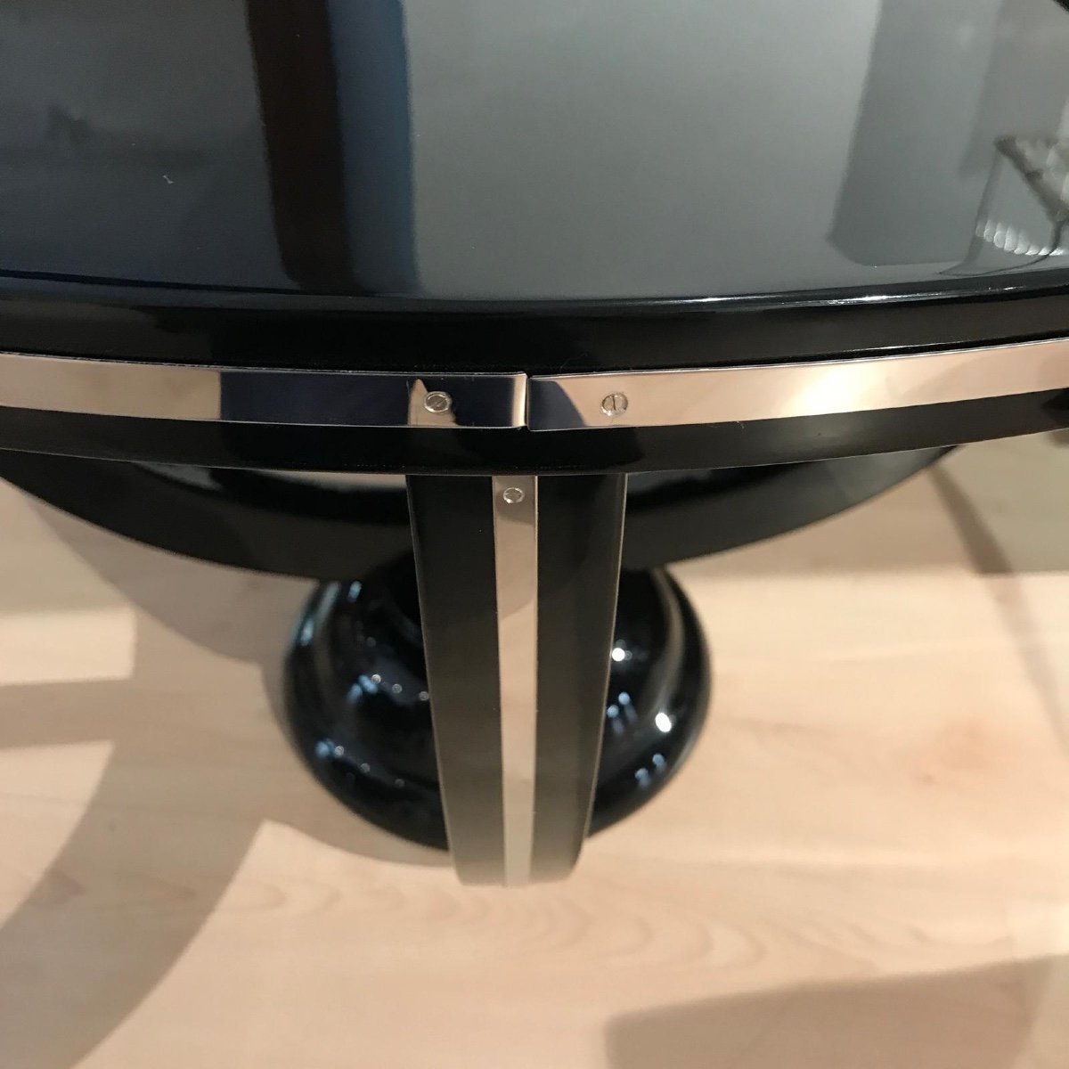 Art Deco Round Coffee Table, Black Lacquer And Metal, France Circa 1930-photo-8