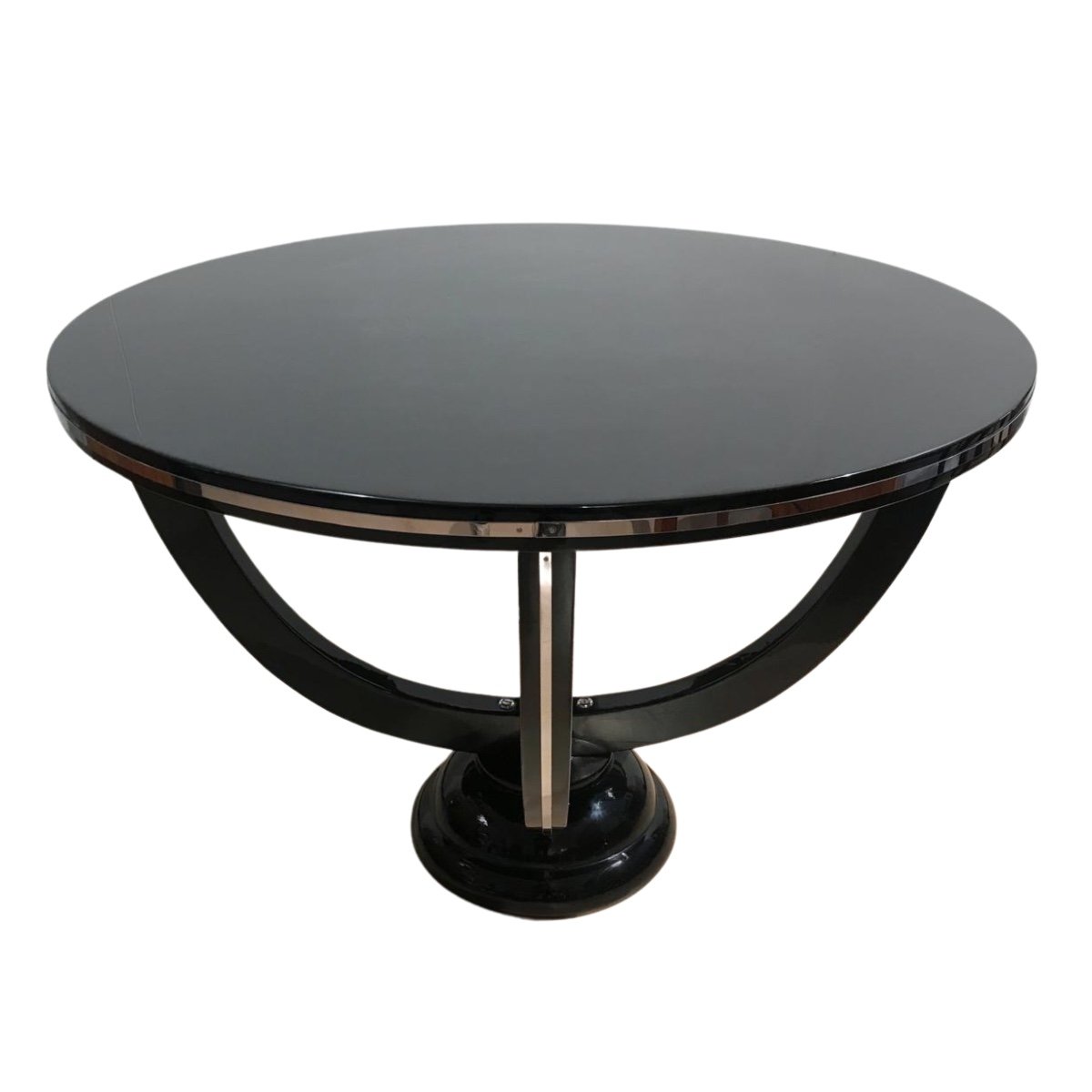 Art Deco Round Coffee Table, Black Lacquer And Metal, France Circa 1930
