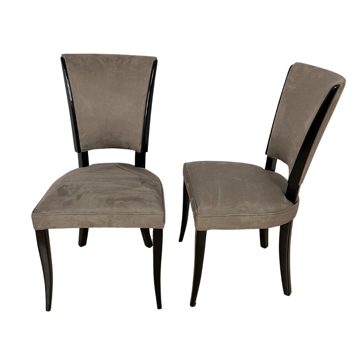 Set Of 6 Art Deco Chairs, Black Lacquer, Grey Alcantara Leather, France Circa 1930-photo-2
