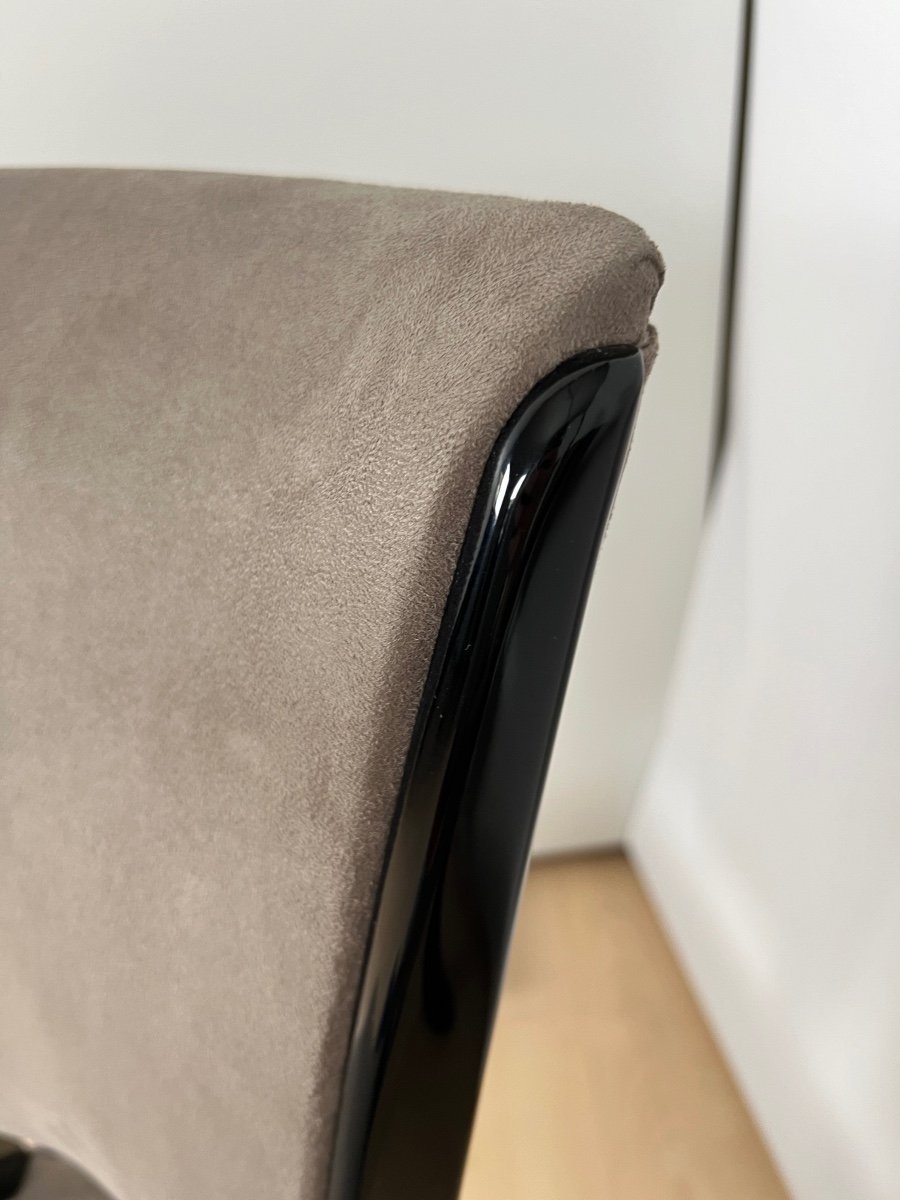 Set Of 6 Art Deco Chairs, Black Lacquer, Grey Alcantara Leather, France Circa 1930-photo-1