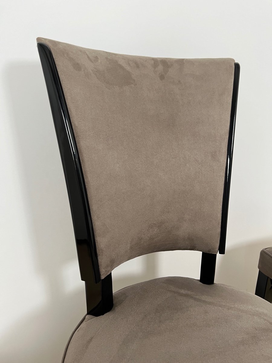 Set Of 6 Art Deco Chairs, Black Lacquer, Grey Alcantara Leather, France Circa 1930-photo-6