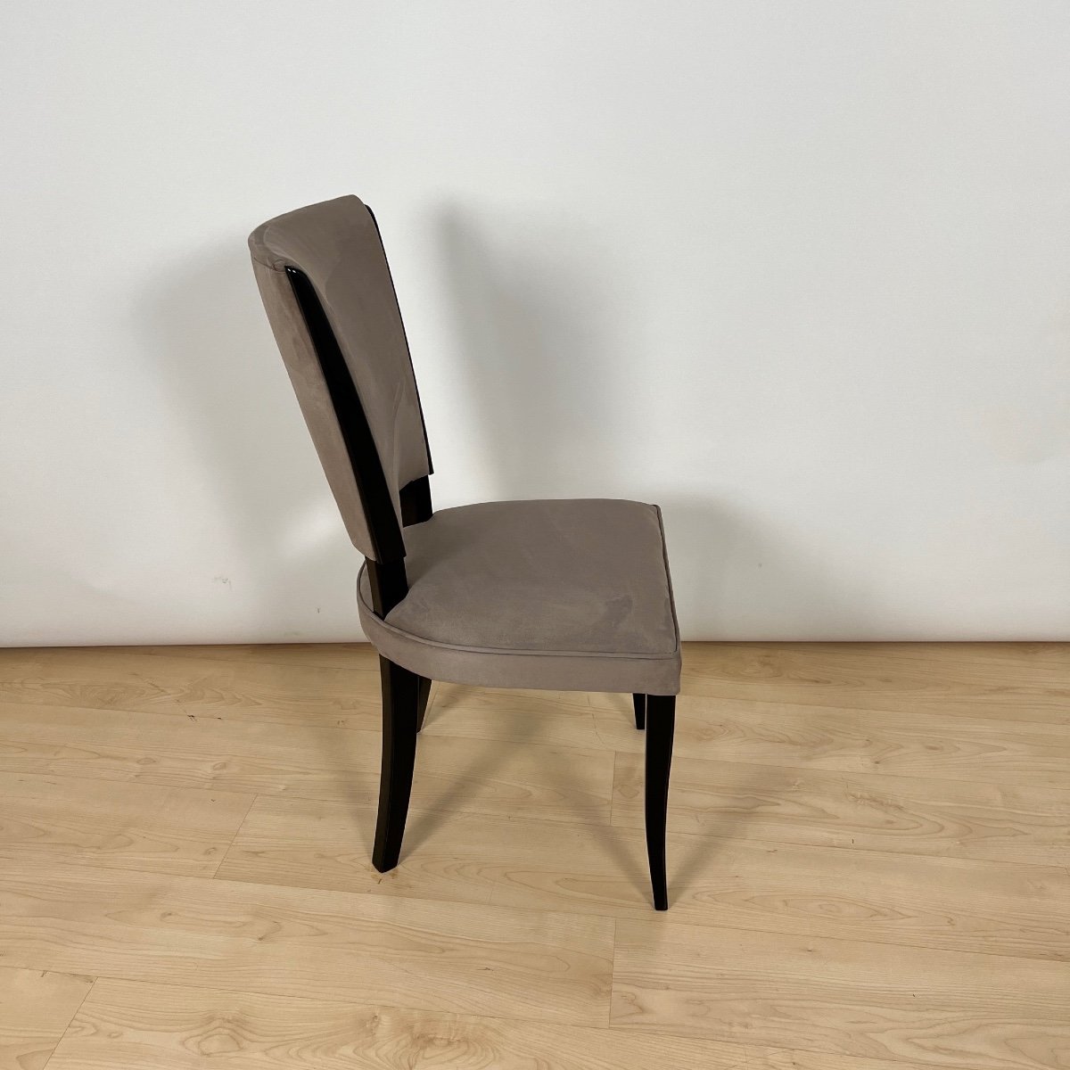 Set Of 6 Art Deco Chairs, Black Lacquer, Grey Alcantara Leather, France Circa 1930-photo-7