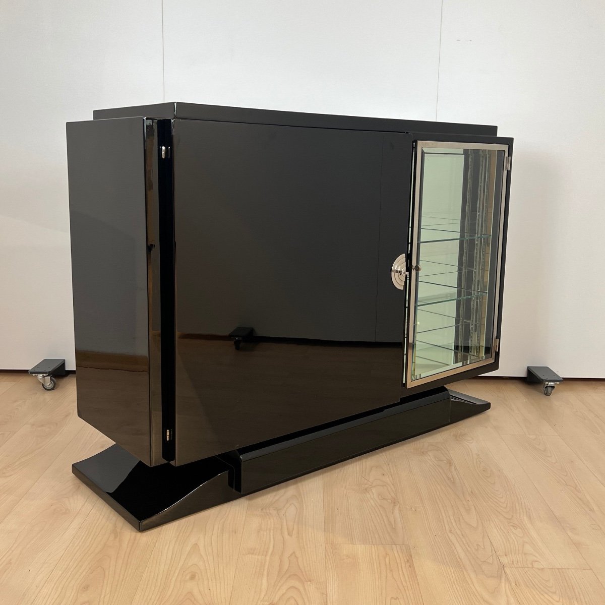 Small Art Deco Buffet With Display Cabinet, Black Lacquer, Chrome, France Circa 1930-photo-3