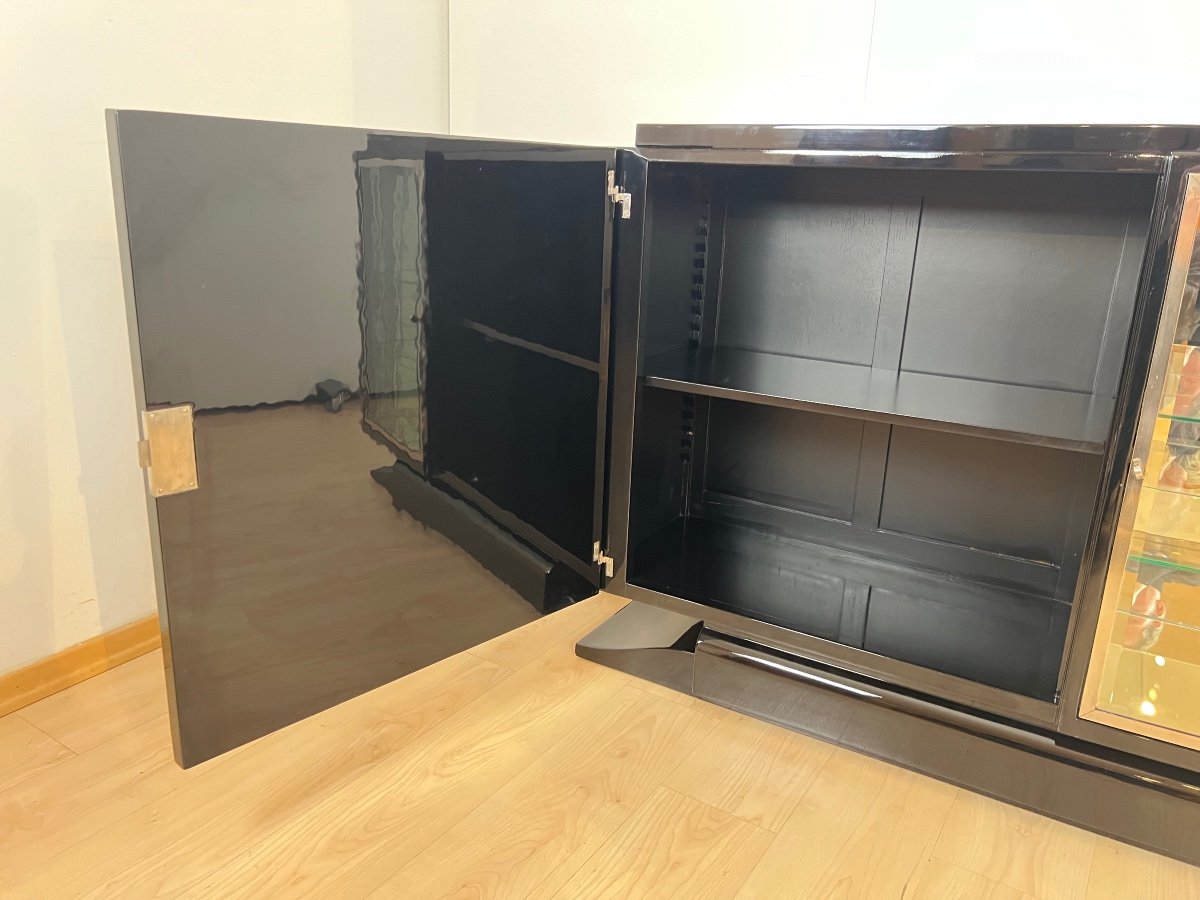 Small Art Deco Buffet With Display Cabinet, Black Lacquer, Chrome, France Circa 1930-photo-7