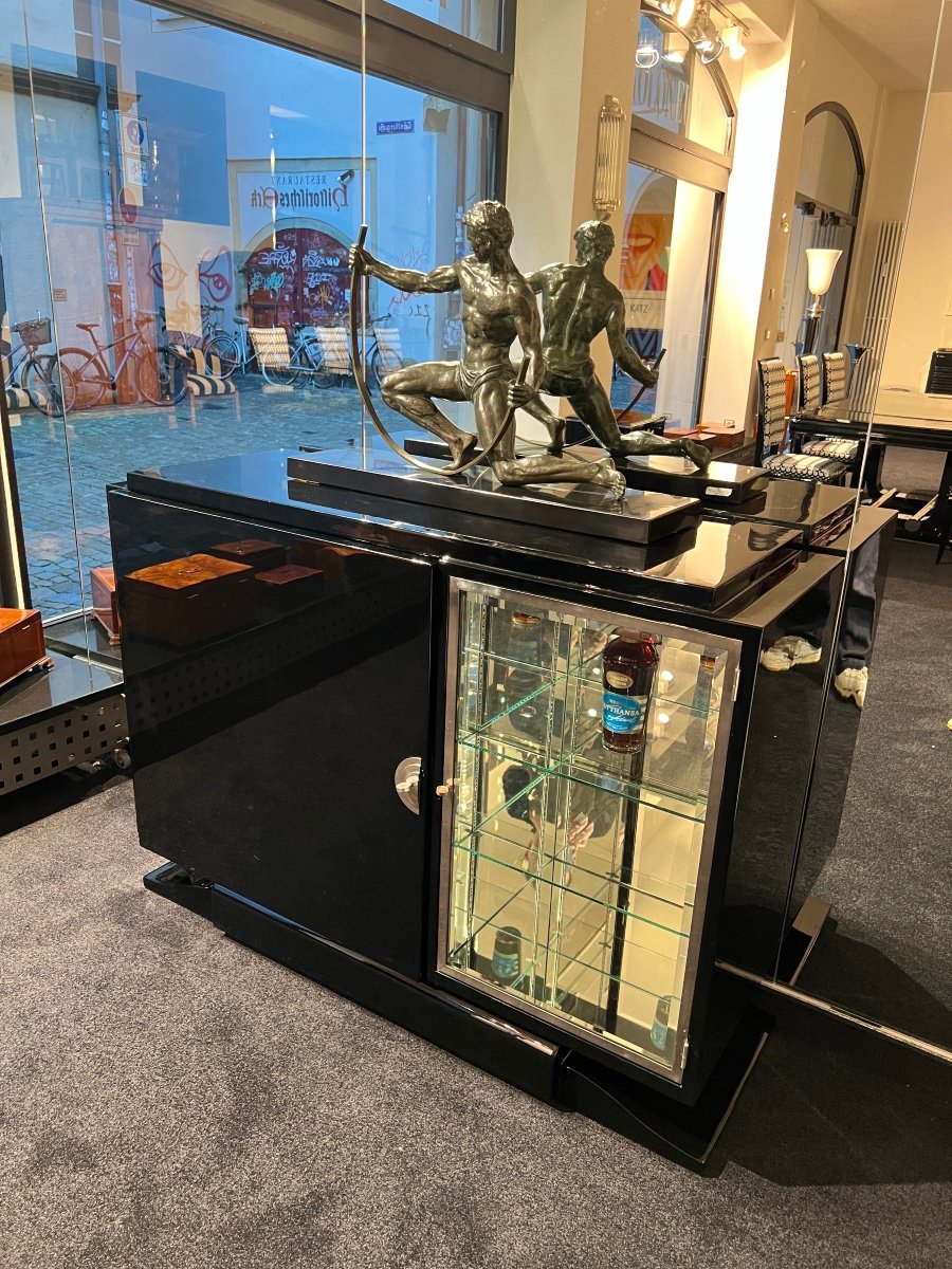 Small Art Deco Buffet With Display Cabinet, Black Lacquer, Chrome, France Circa 1930-photo-8