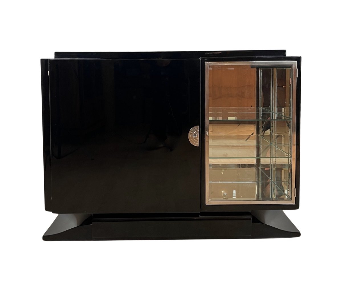 Small Art Deco Buffet With Display Cabinet, Black Lacquer, Chrome, France Circa 1930