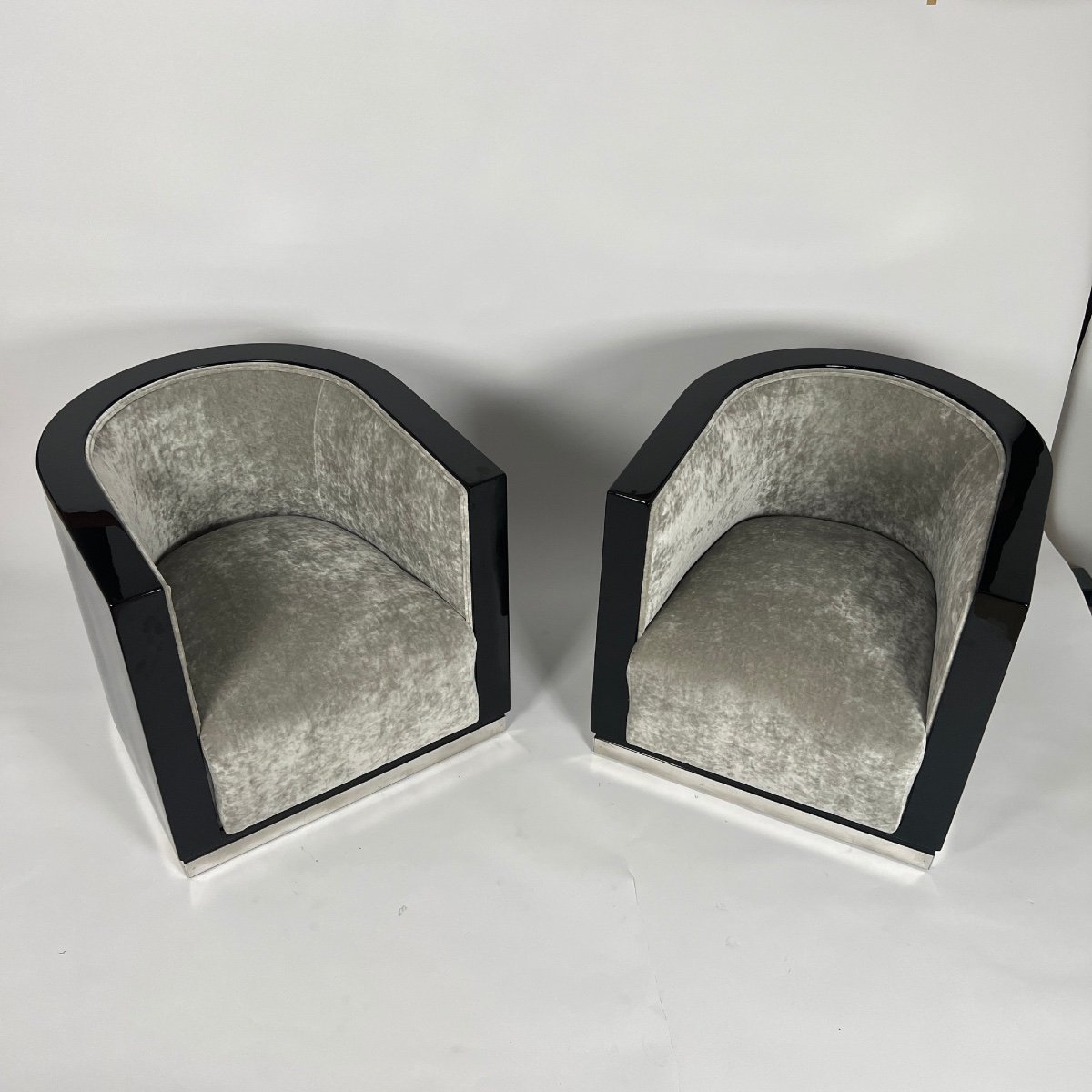 Paire De Fauteuils Club Art Déco, Laque Noire, Velours Gris, France Vers 1930-photo-4