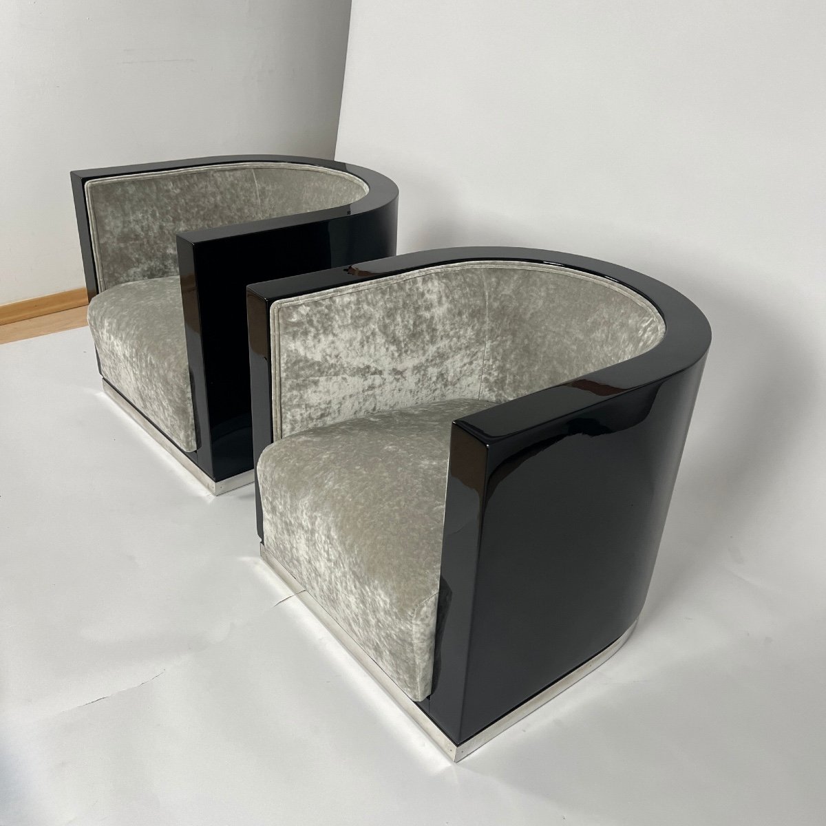 Paire De Fauteuils Club Art Déco, Laque Noire, Velours Gris, France Vers 1930-photo-3
