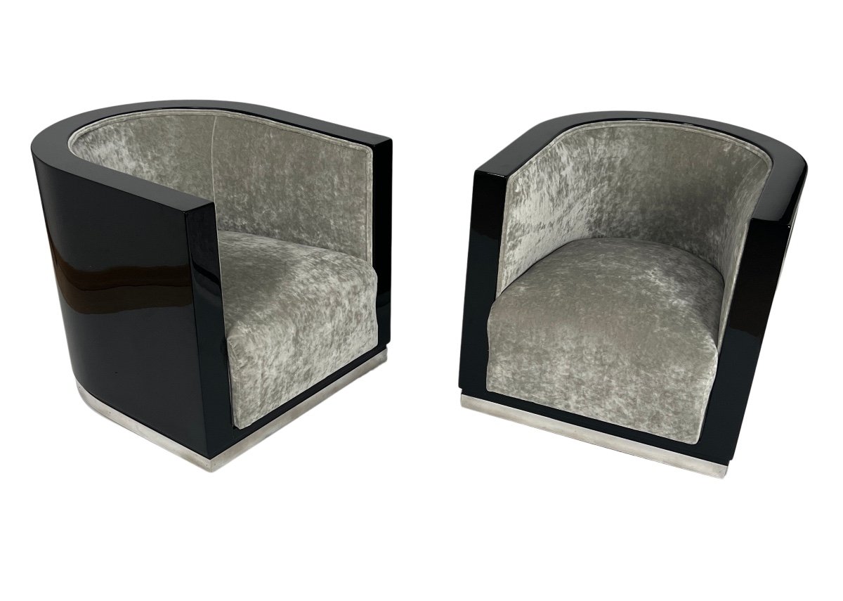 Paire De Fauteuils Club Art Déco, Laque Noire, Velours Gris, France Vers 1930