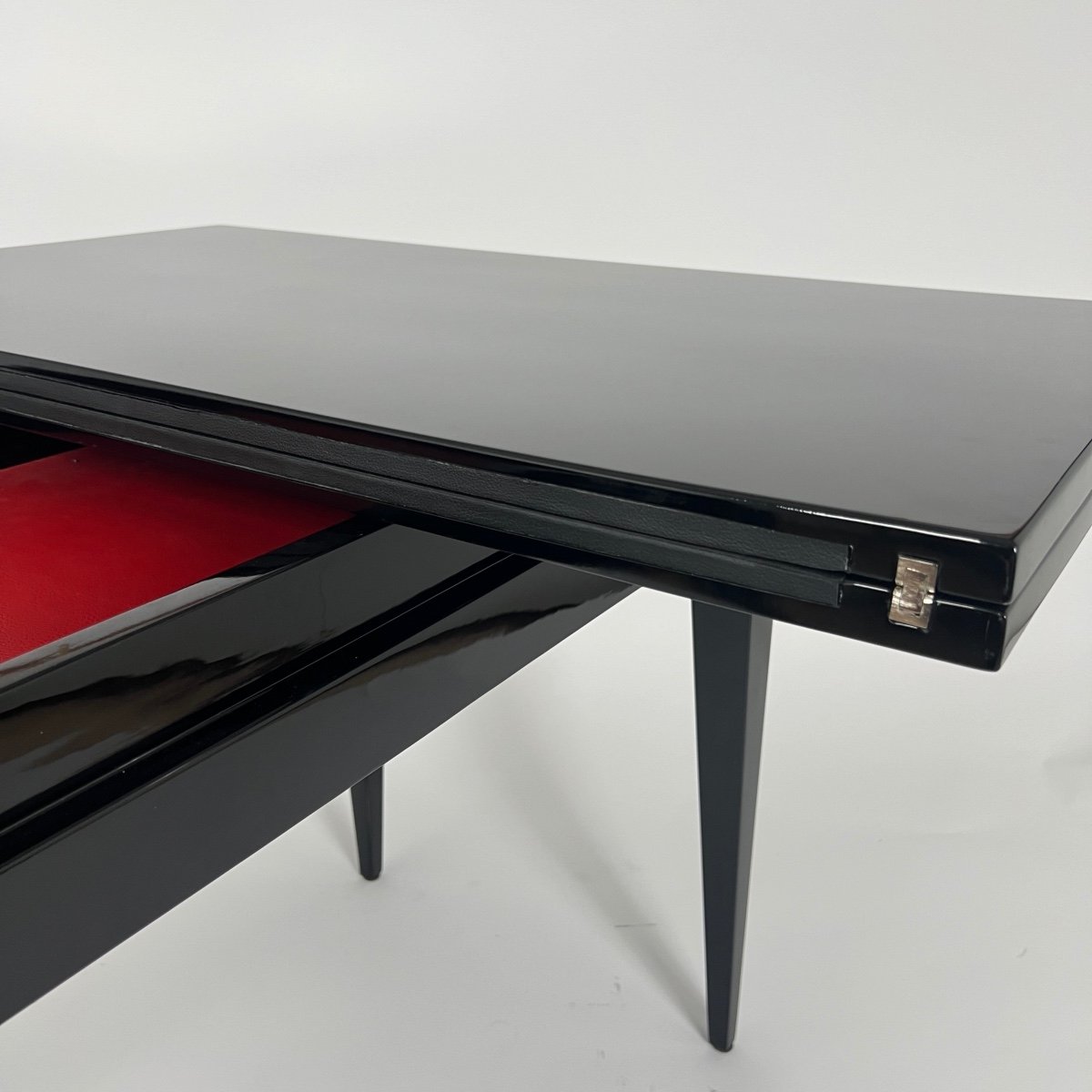 Art Deco Game Table, Black Lacquer, Red And Black Leather, France Circa 1930-photo-3